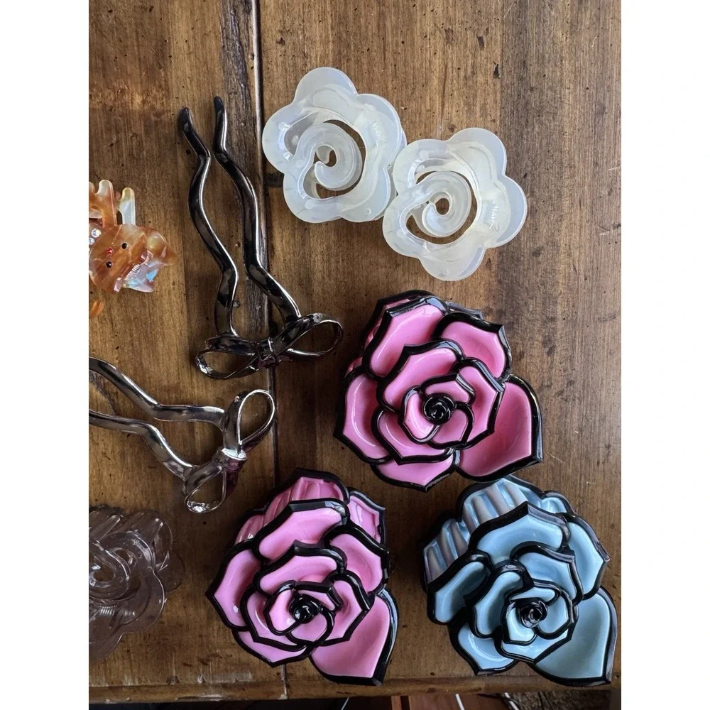 12pc Hair Clip Bundle Rose Enamel Claw Clip Cat Bow Stick Pin Coquette Kawaii